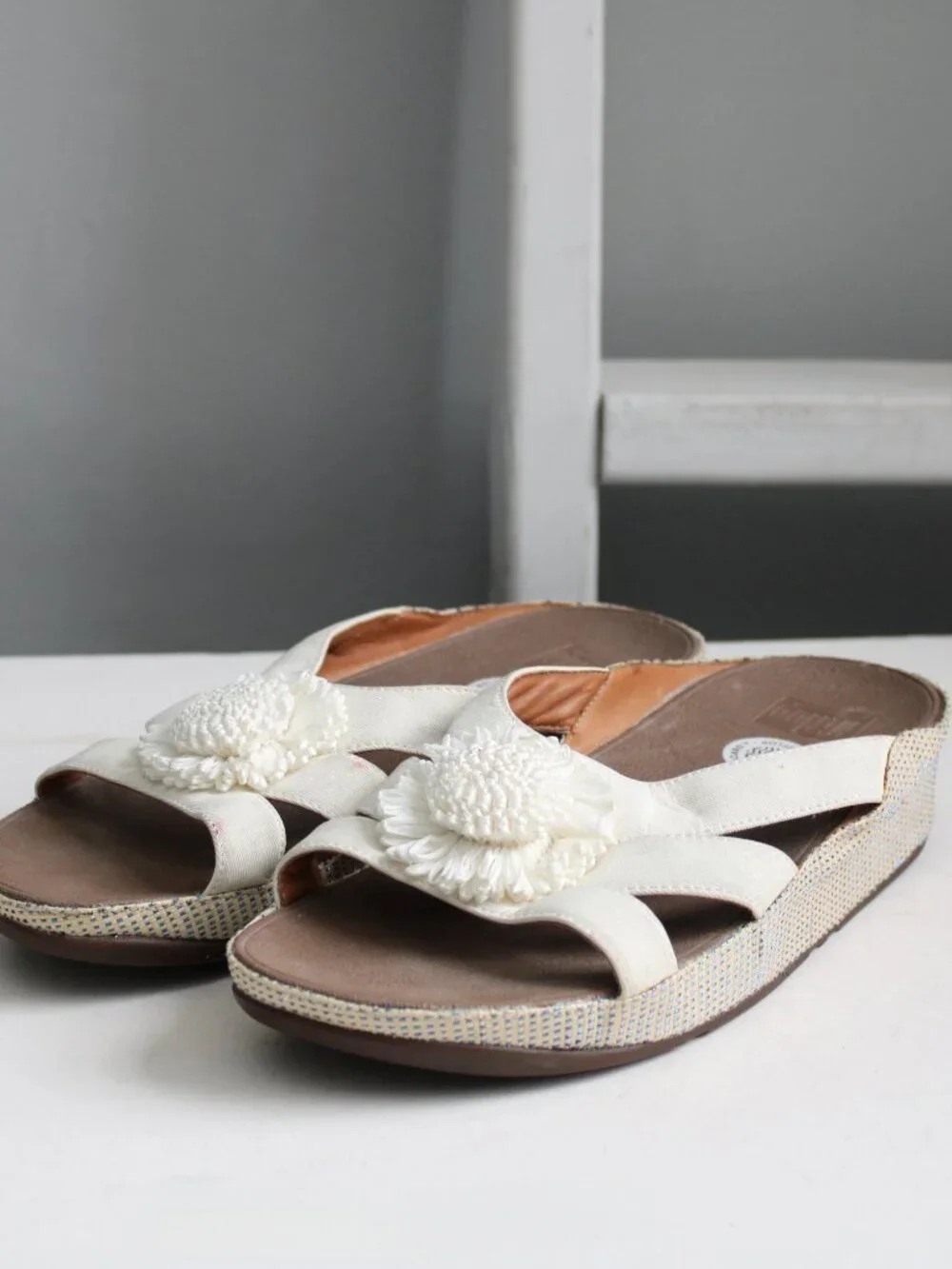 FitFlop Cream Wedge Slide Sandals with Floral Medallion